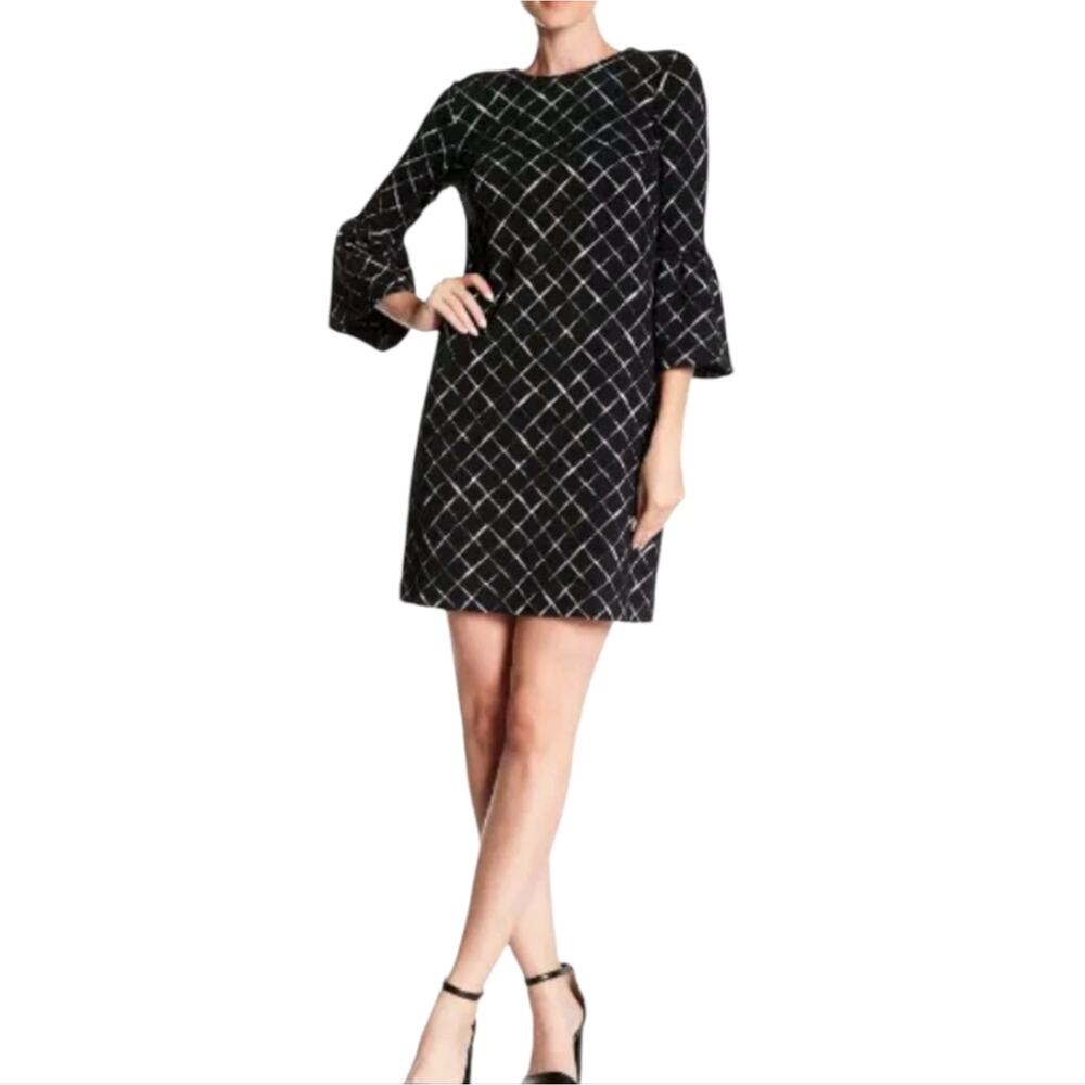 Calvin Klein Bell Sleeve Elegant Black and‎ White Checkered Dress Size 4